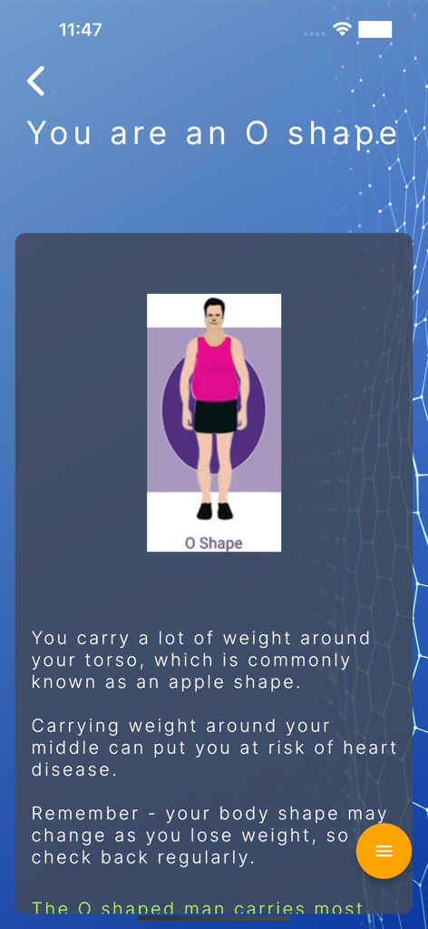 Abody.ai - Abody.ai app screen displaying body shape analysis results for an O-shaped or apple-shaped profile with associated health risks and advice.