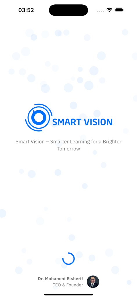 Smart Vision Edu app splash screen featuring the logo and founder Dr Mohamed Elsherif