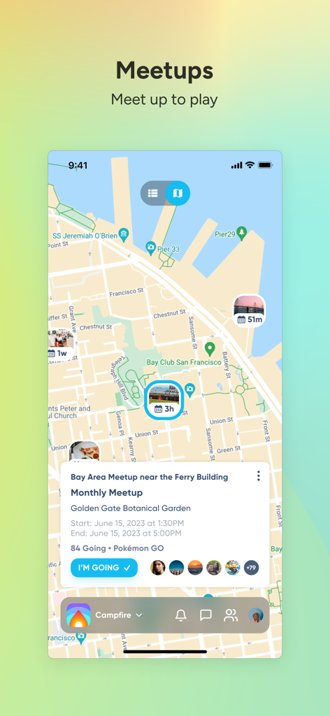 Niantic Campfire - Niantic Campfire app map interface showing local gaming meetups and event details