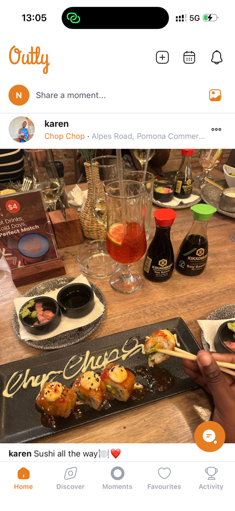 Outly - Outly app social feed showing a user post of sushi and drinks at a restaurant