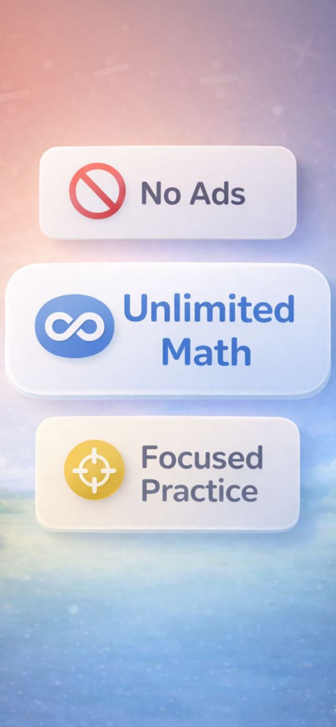 Math-Hero - Screenshot of Math-Hero app highlighting no ads, unlimited math practice, and focused learning features.