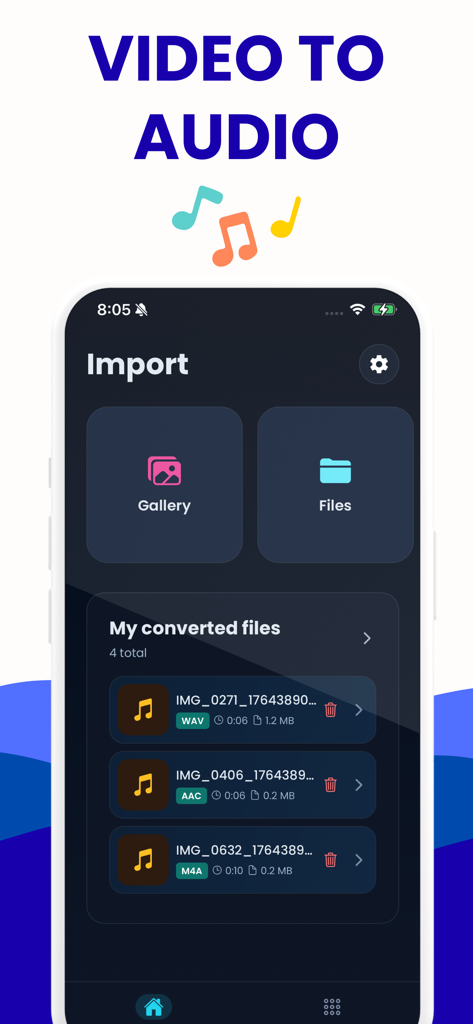 Video to Audio Converter - mp3 - La pantalla de importación de la aplicación móvil Video to Audio Converter mostrando opciones para seleccionar videos de la galería o archivos y una lista de archivos de audio convertidos recientemente en formatos WAV, AAC y M4A.