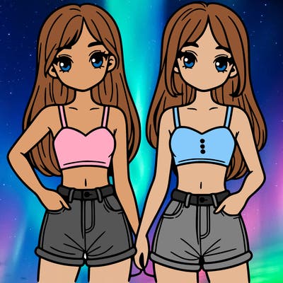 two sisters with crop tops and jean shorts and straight hair