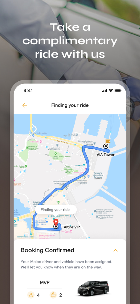 Melco Club - 地図ルート付きの無料高級シャトルライドの確認済み予約を表示するメルコクラブアプリ画面。