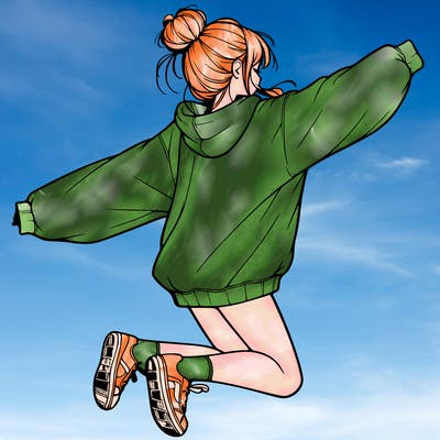 realistic girl jumping with a bun and oversized sweatshirt