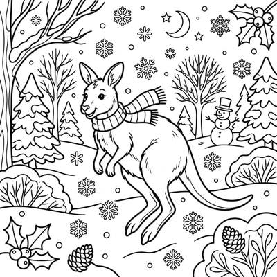 Join a cheerful wallaby as it hops through a beautiful winter wonderland, surrounded by sparkling snowflakes and festive cheer. This delightful coloring page offers a perfect creative activity for kids aged 4-8.