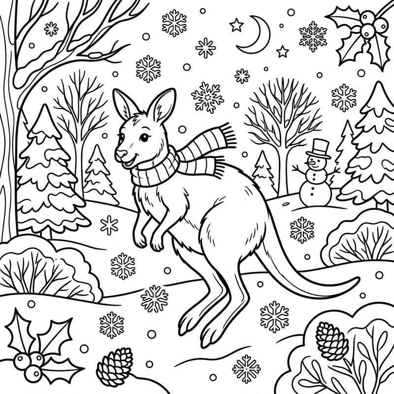 Join a cheerful wallaby as it hops through a beautiful winter wonderland, surrounded by sparkling snowflakes and festive cheer. This delightful coloring page offers a perfect creative activity for kids aged 4-8.