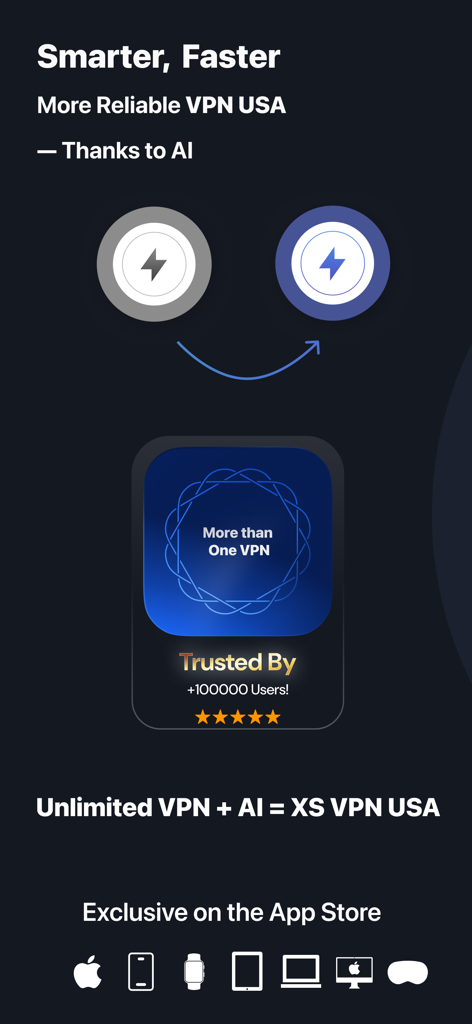 XS VPN: Fast & Secure Proxy - XS VPN USA promotional graphic highlighting AI powered speed and reliability with icons for all Apple devices