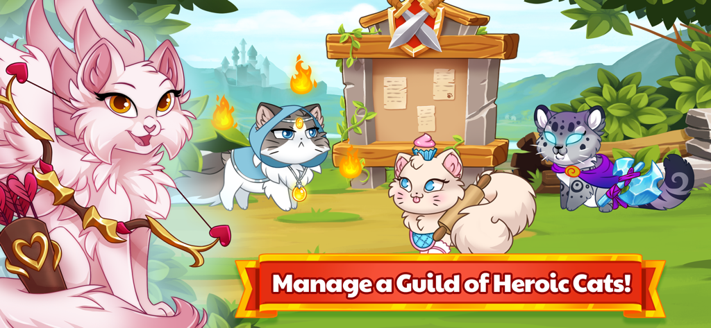 Four cartoon heroic cats standing in a field in front of a quest board with text saying Manage a Guild of Heroic Cats