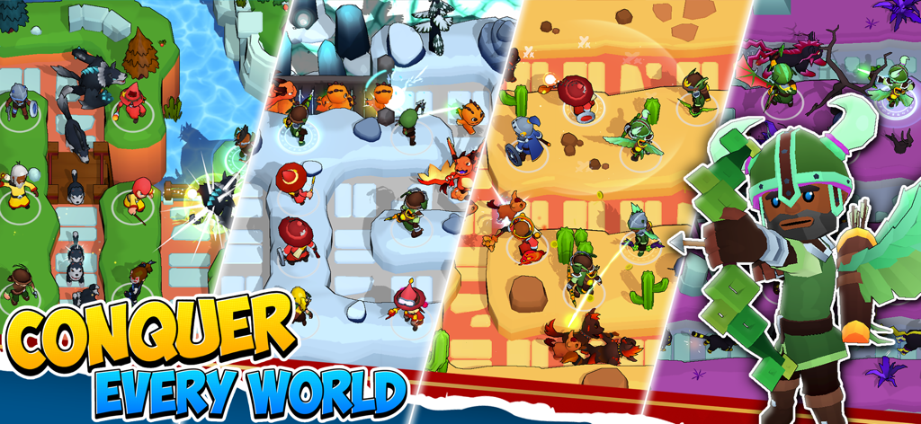 Idle Hero TD Tower Defense RPG - A collage showing four different fantasy environments and heroes with the text Conquer Every World for Idle Hero TD Tower Defense RPG.
