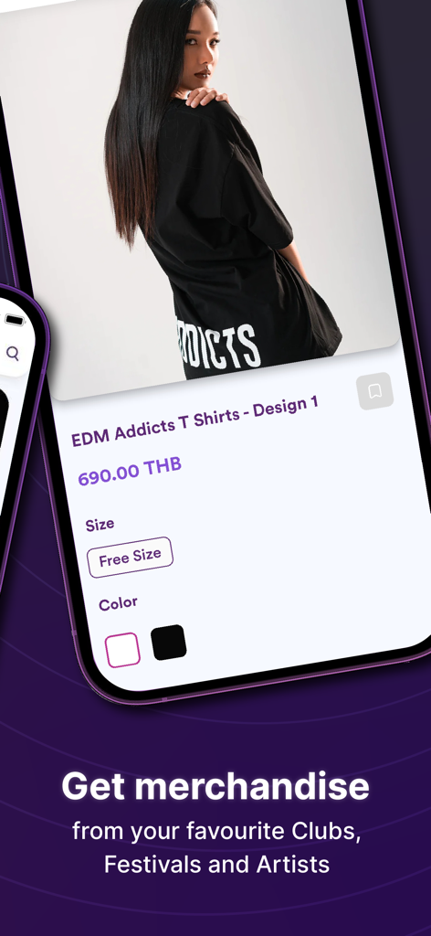 EDM Addicts - Mobile app interface for the EDM Addicts store featuring exclusive festival apparel and t-shirts.