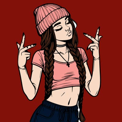 realistic teenage girl with braids and a beanie and crop top doing 🫶🏼
