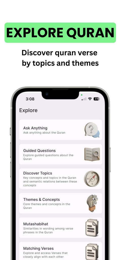 Tadabbur: Quran Journaling - A mobile screen showing the Explore section of the Tadabbur app with options to discover Quran verses by topics, themes, and guided questions.