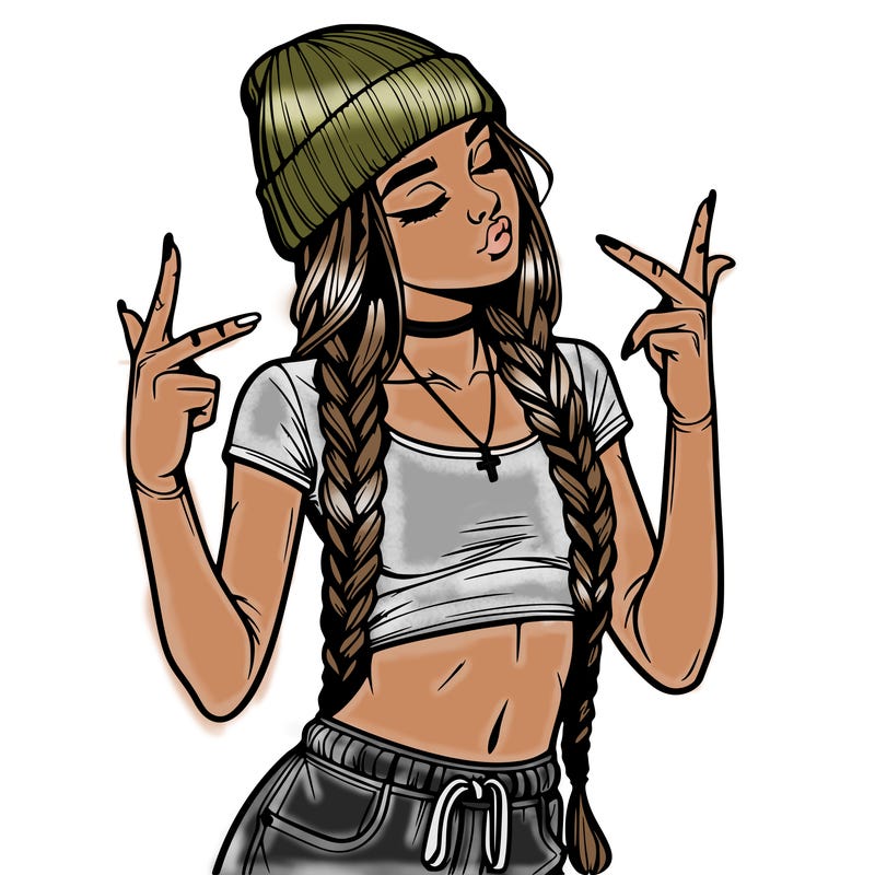 realistic teenage girl with braids and a beanie and crop top doing 🫶🏼