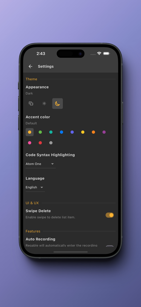 Reqable - Schermata delle impostazioni dell'app Reqable con opzioni per il colore d'accento dell'aspetto e l'evidenziazione della sintassi del codice