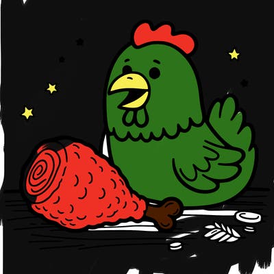 a chicken eating a piece of chicken
