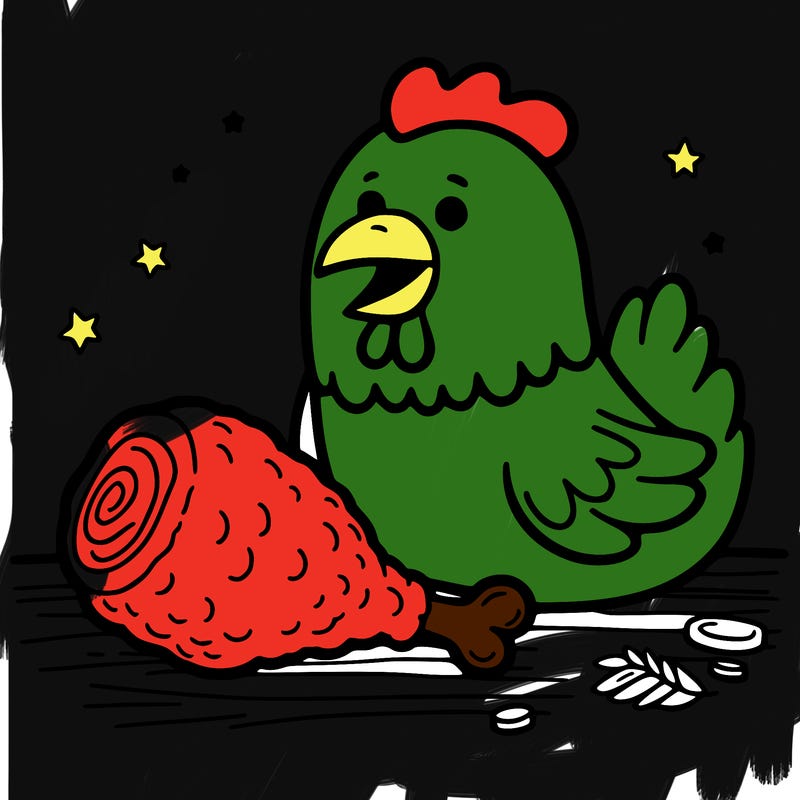 a chicken eating a piece of chicken