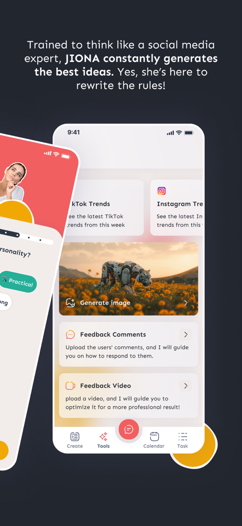 Transform the Day - Mobile app interface for Transform the Day showing social media trends and AI marketing tools.