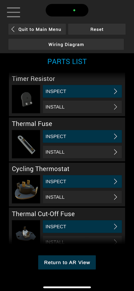 Appliance Repair Sim: Dryer - Dryer parts list screen showing options to inspect or install components like thermal fuse and thermostat