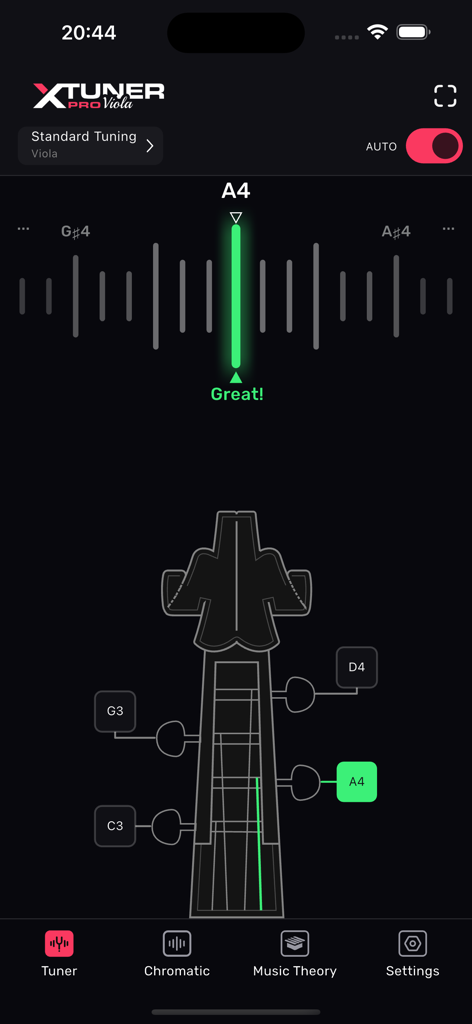 Viola Tuner XTuner PRO interface showing auto tuning for the A4 note with a visual instrument head guide.