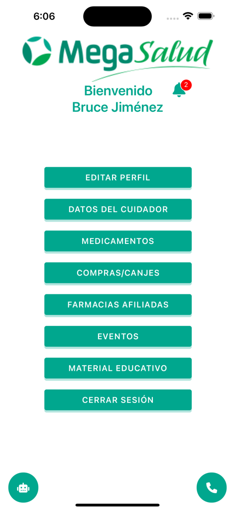 MegaSalud - Interfaz de la aplicación MegaSalud que muestra el menú principal para el seguimiento del tratamiento médico y la medicación