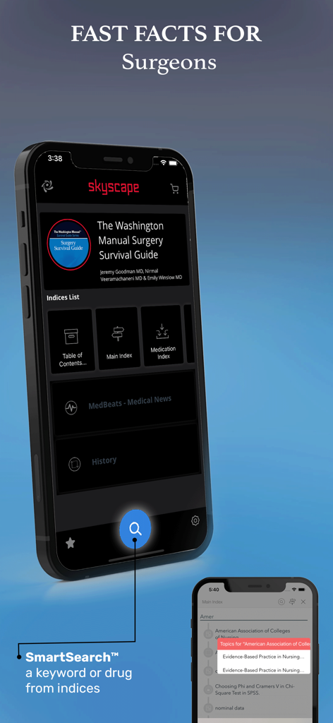 Washington Manual - Surgery - Interfaz de la aplicación Washington Manual Surgery que muestra la herramienta SmartSearch e índices quirúrgicos.