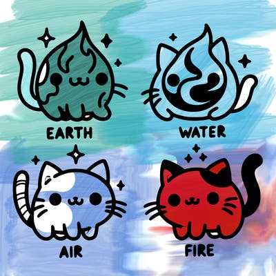 4 cats that represent the different elements, earth, water, air, and fire