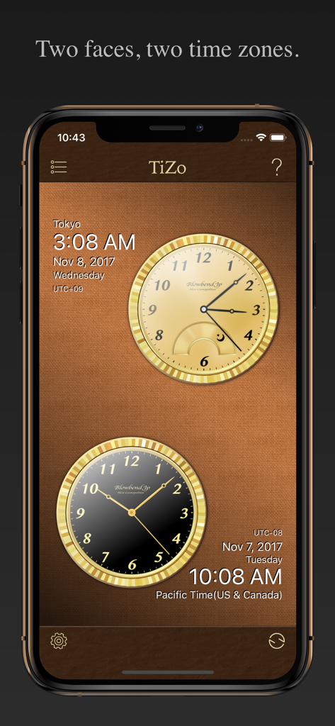 TiZo Pro - TiZo Pro app interface showing two analog clock faces for different time zones