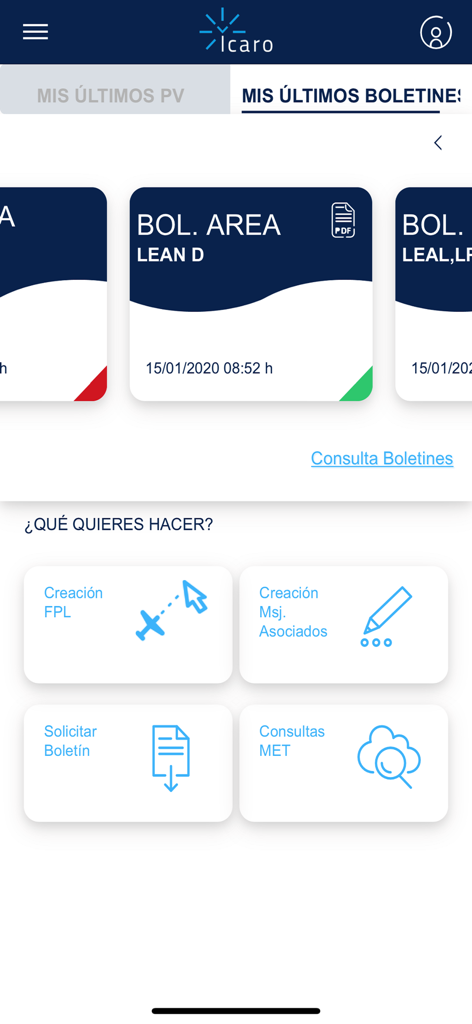 Main interface of the ICARO app by ENAIRE showing flight plan management and weather query options