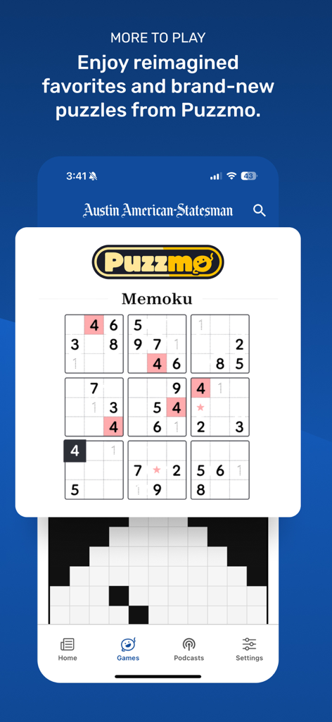 Schermata del puzzle Puzzmo Memoku nell'app mobile Austin American Statesman