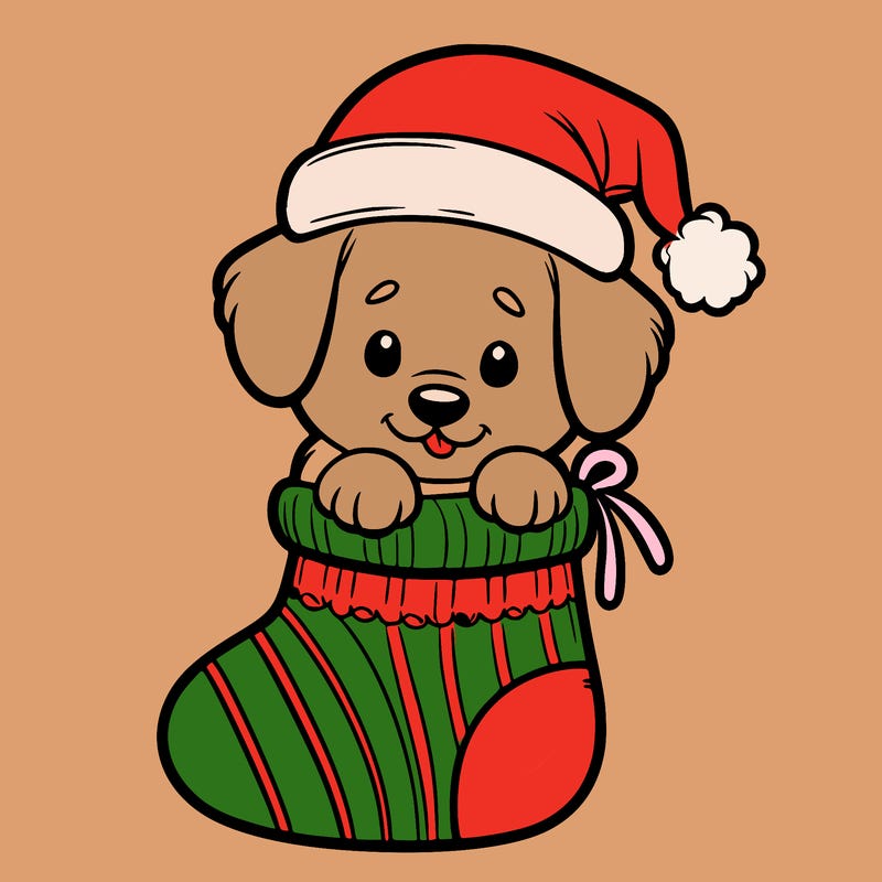 cute puppy wearing santa hat in socking