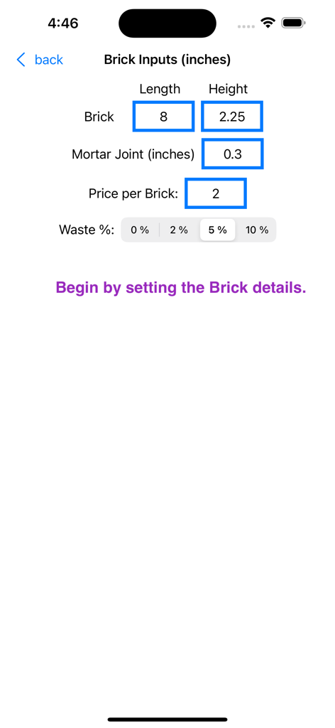 Bricks Estimator app showing input fields for brick dimensions mortar joints and cost per unit