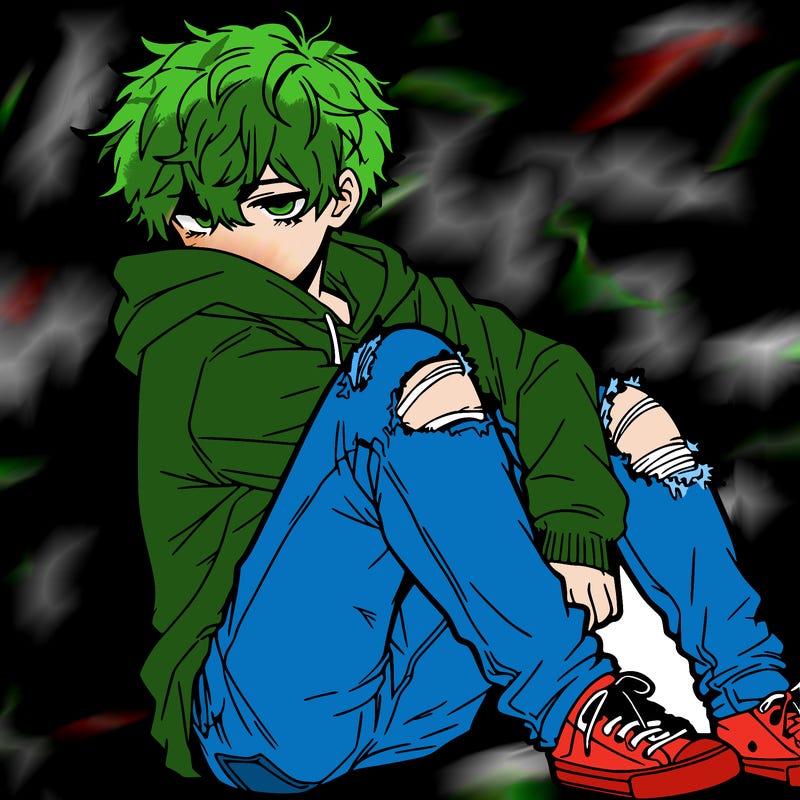 a male hoddie ripped jeans messy hair anime