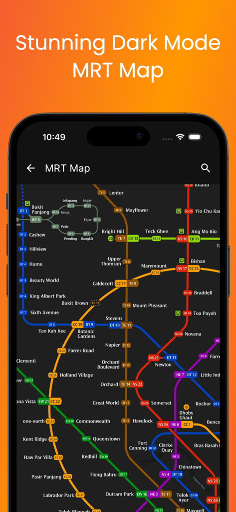 A detailed Singapore MRT map shown in a stunning dark mode interface within the SG Bus Buddy app