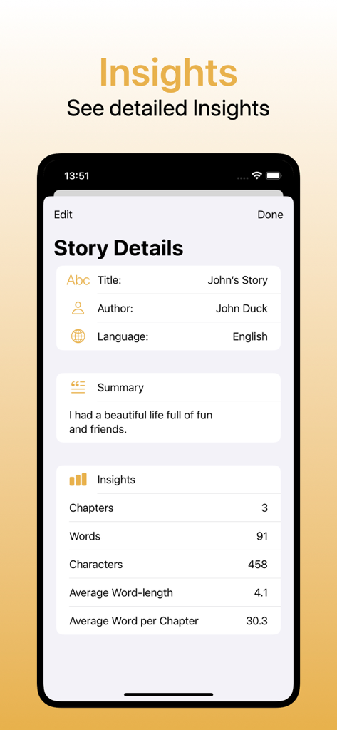 Write My Life Story - Screenshot of the Write My Life Story app showing story details including a summary and writing statistics like word count and chapters