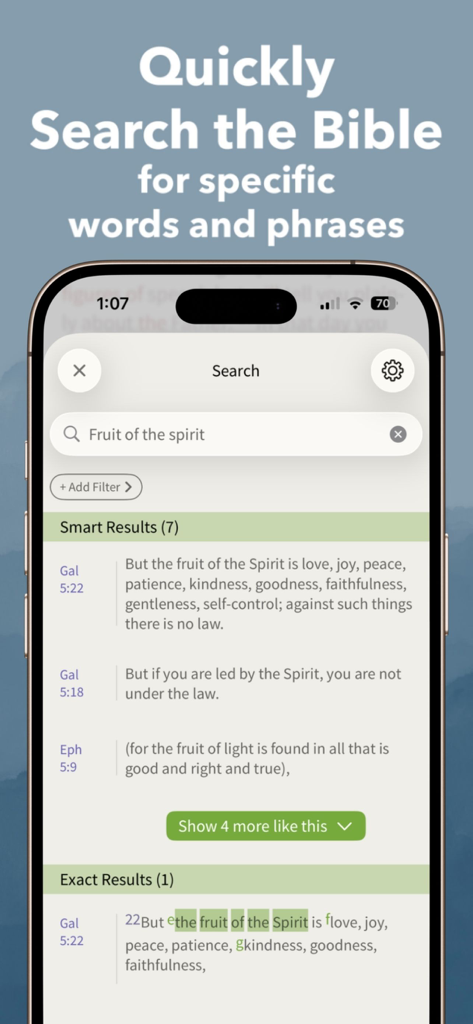 Bible App - Read & Study Daily - 성경 앱 검색 인터페이스: '성령의 열매'와 같은 특정 단어 및 구문의 결과 표시