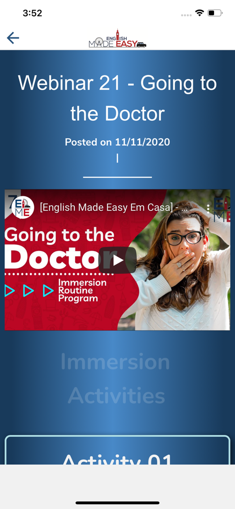 English Made Easy - Mobile screen showing a webinar titled Going to the Doctor within the English Made Easy app interface