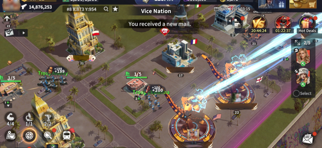 Grand Gangster War - Top down view of city management and troop deployment in the Vice Nation territory of Grand Gangster War