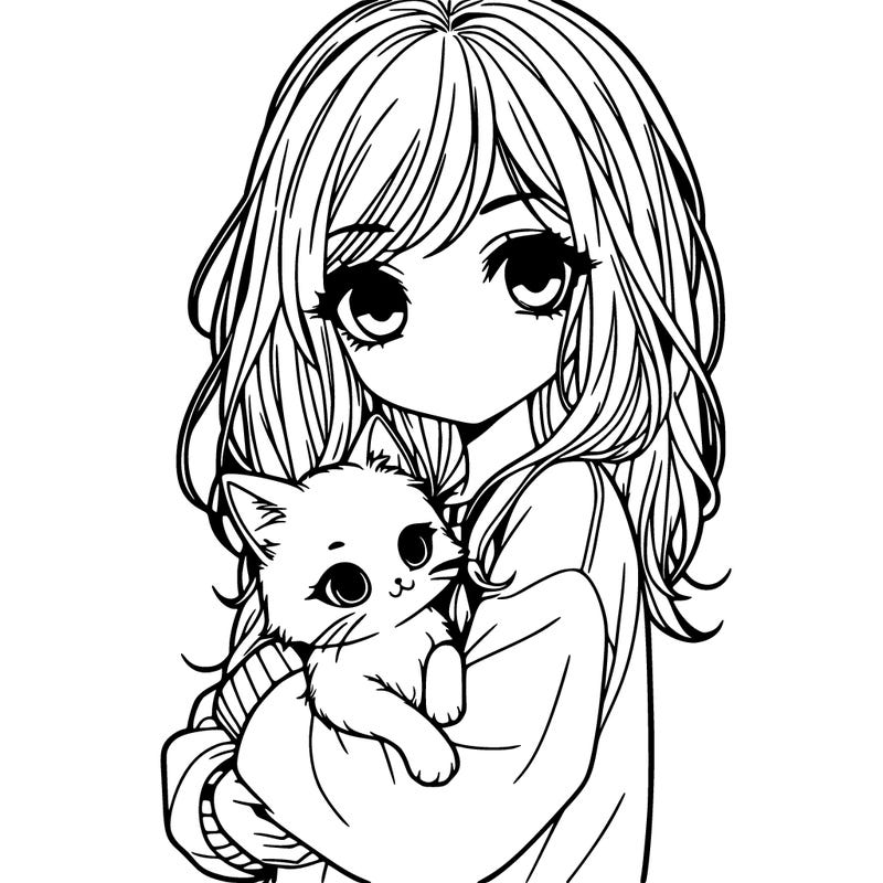 realistic but simple girl holding a cat