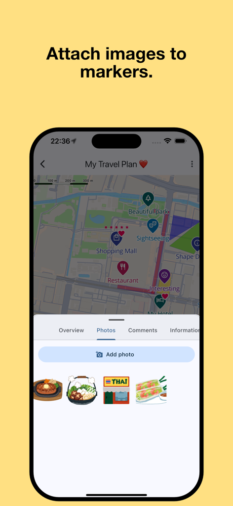 Open Maps: Create & Share - 특정 위치 마커에 사진을 첨부하는 옵션을 보여주는 여행 지도가 표시된 모바일 앱 인터페이스.