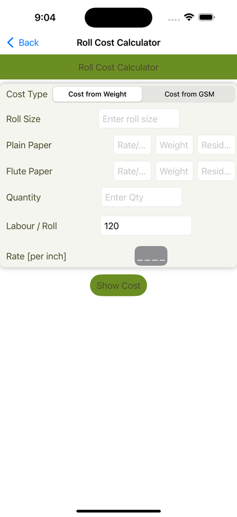 A mobile app interface for calculating the cost of paper rolls used in corrugated packaging production.