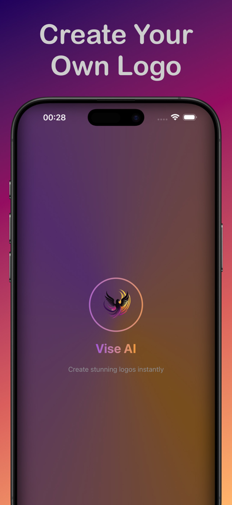 Vise AI - AI Logo Maker - Splash screen of Vise AI Logo Maker app on an iPhone featuring a phoenix icon and the headline Create Your Own Logo
