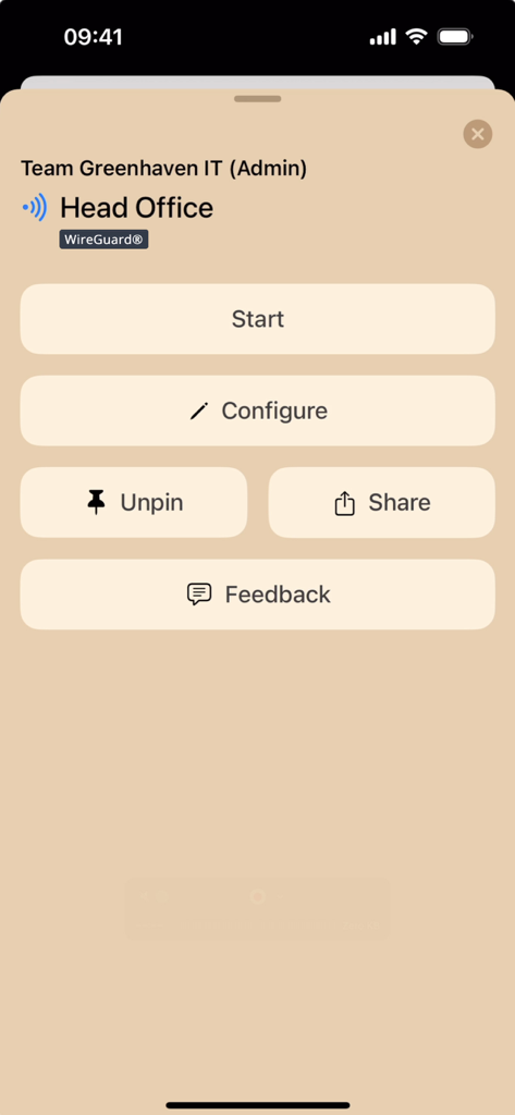 VPN Tracker mobile app screen showing professional VPN connection management for a head office using the WireGuard protocol with options to start or configure.