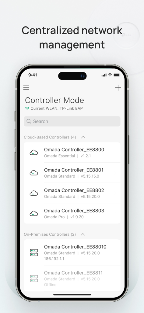 TP-Link Omada-App zeigt die Controller-Modus-Oberfläche mit einer Liste von Cloud-basierten und lokalen Netzwerkcontrollern für die zentrale Verwaltung.