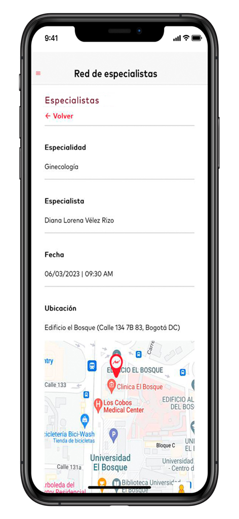 emi - Emi app screen showing specialist appointment details including gynecologist name, date, and a location map.