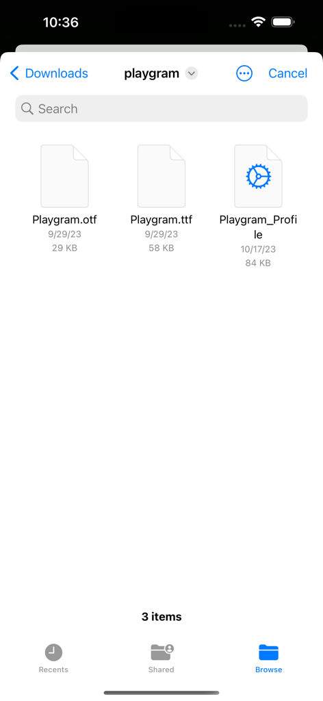 Font Installer for Cricut - Screenshot of an iPhone showing OTF and TTF font files and an installation profile