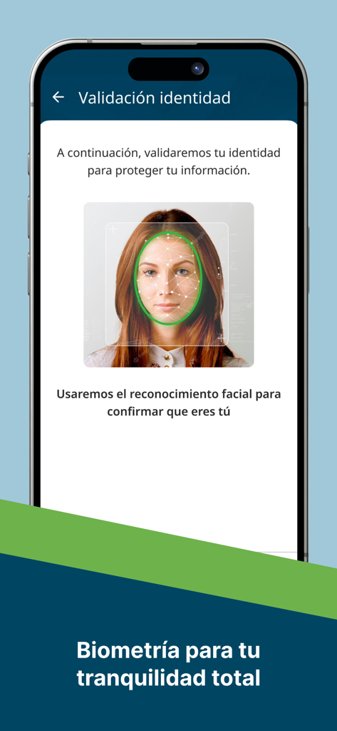 Pantalla de la aplicación AforeMóvil mostrando la validación de identidad mediante biometría de reconocimiento facial para la seguridad del usuario.