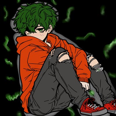 a male hoddie ripped jeans messy hair anime