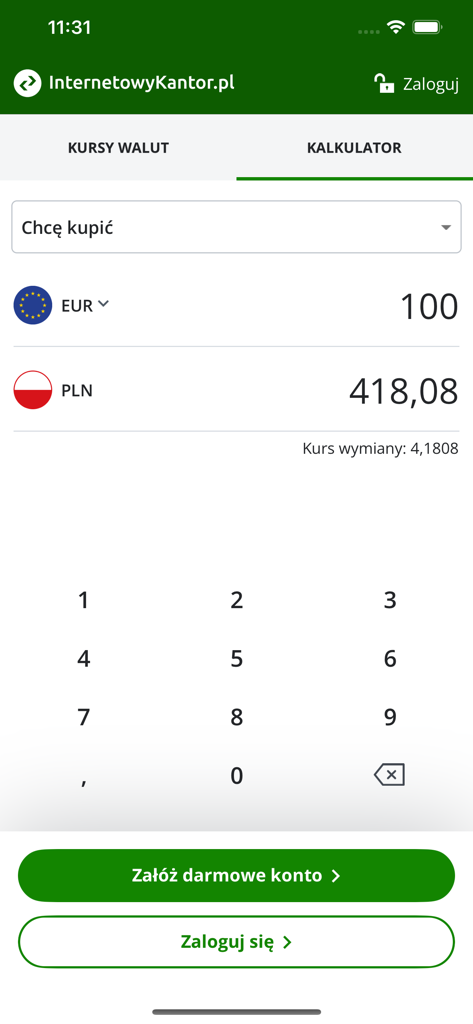 Schermata della calcolatrice valutaria dell'app mobile InternetowyKantor che mostra il tasso di cambio EUR in PLN
