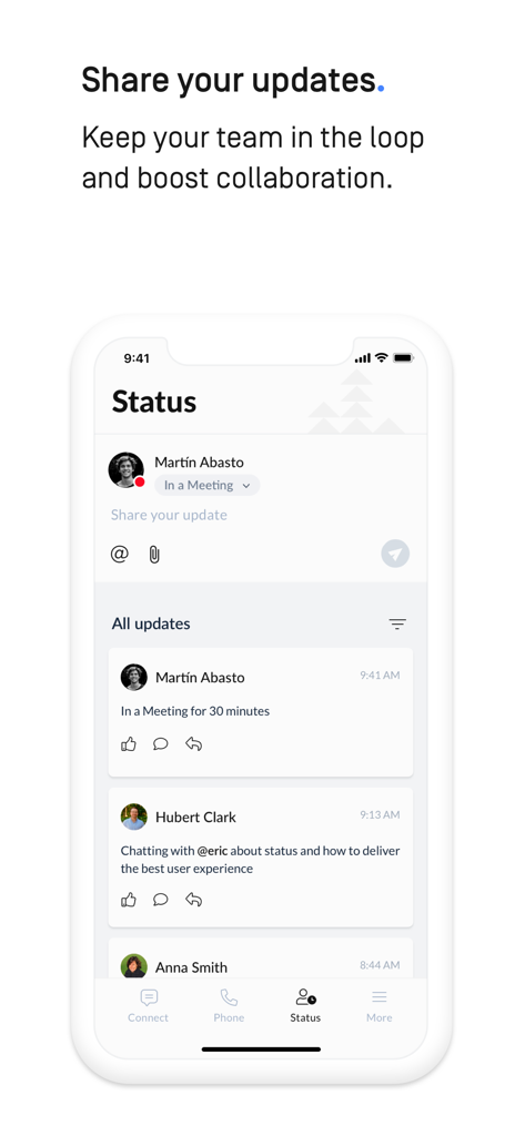 anywhere.app - Anywhere app mobile interface showing team status updates and employee activity feed